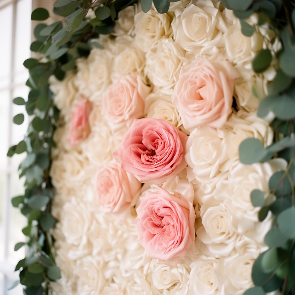 Blush rose and ivory silk flower wall with eucalyptus framing at a ballroom reception