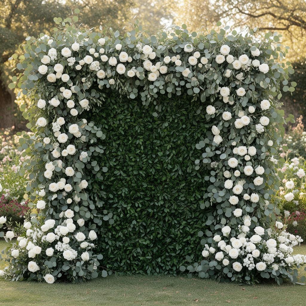 Lush eucalyptus garden wall with white roses at an outdoor bridal shower